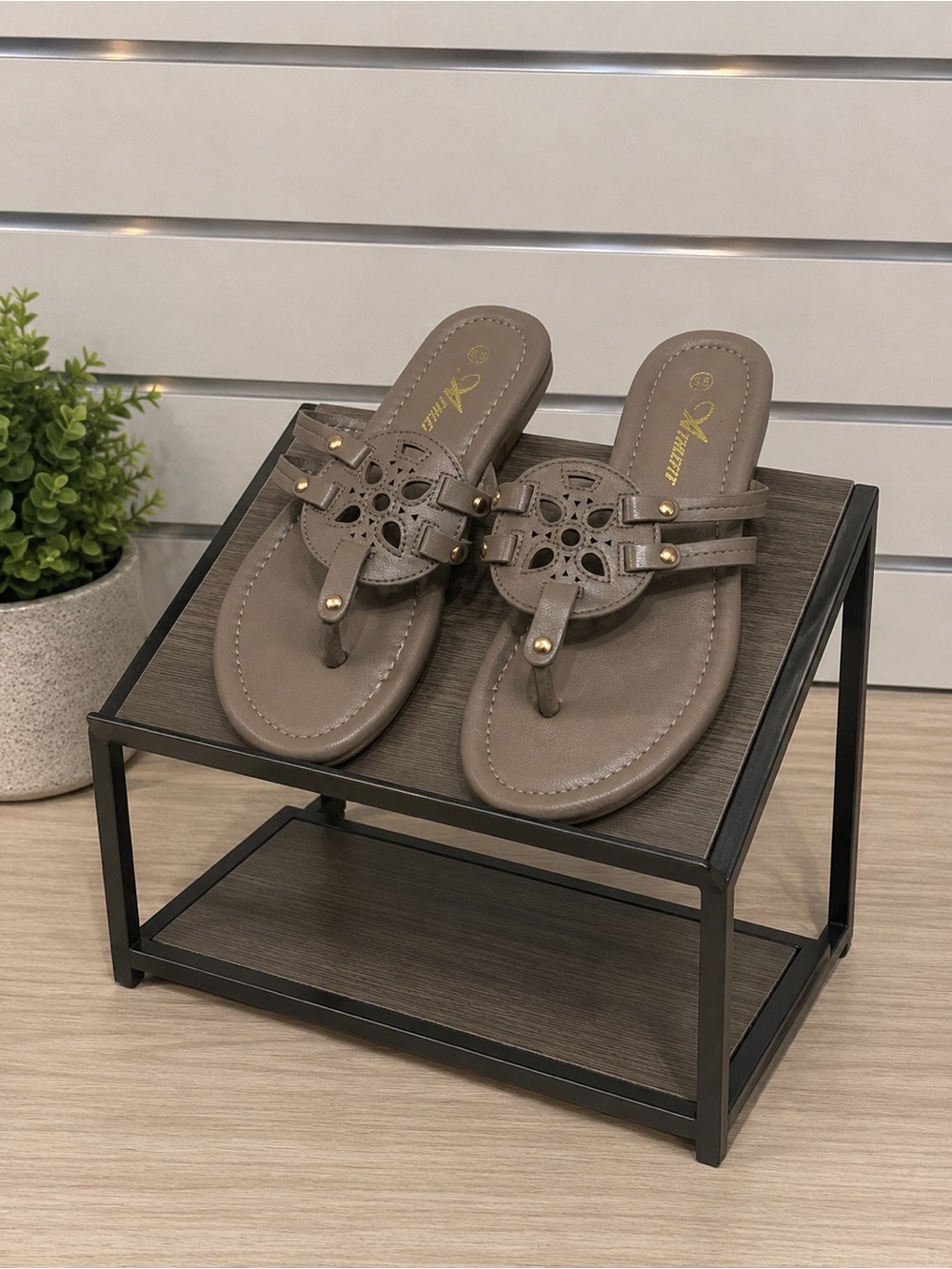 Women’s Taupe Laser-Cut Thong Sandals with Gold Stud Detail
